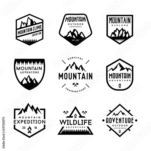 Set of mountain and outdoor adventures logo vector.  vintage badge and logo design set