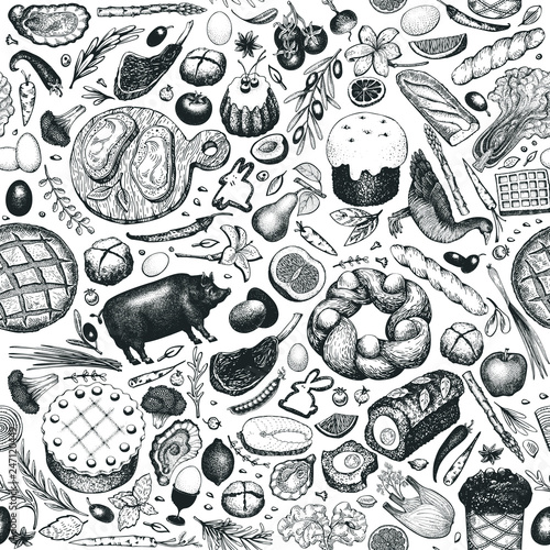 Easter dinner seamless pattern. Vector hand drawn illustrations. Happy Easter dinner retro design. Background with food, meat, vegetables, pastry, bakery.