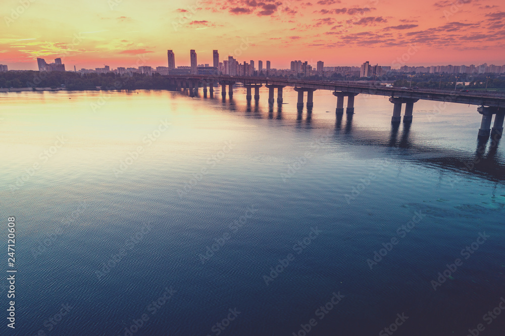 Skyline, Kiev city in the morning, Paton bridge. Left bank of the Dnieper River. Aerial view