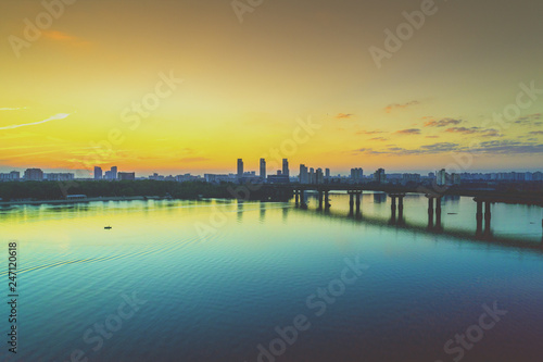 Skyline, Kiev city in the morning, Paton bridge. Left bank of the Dnieper River. Aerial view