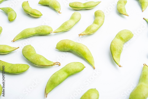 Fresh soybeans / green edamame on white background