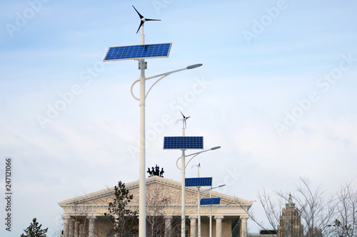 Street lamps working on windmill and solar panel`s energy in Astana city near the Opera building
