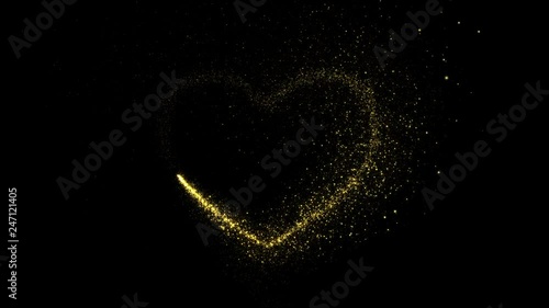 Abstract holiday valentines day background with shining gold sparkling heart particles on black. 4K motion graphic.