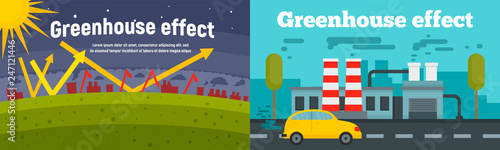 Greenhouse effect banner set. Flat illustration of greenhouse effect vector banner set for web design