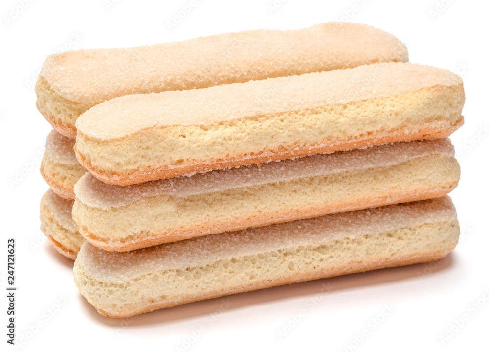 Traditional Italian Savoiardi ladyfingers Biscuits on White Background Traditional Italian Savoiardi ladyfingers Biscuits on White Background