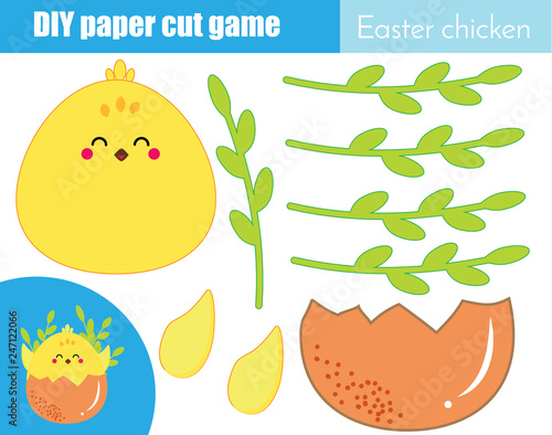 creative children educational game. Paper cut activity. Make a cute Easter chicken with glue and scissors