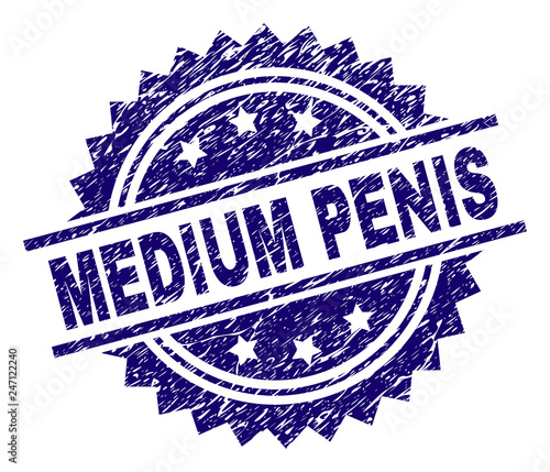 MEDIUM PENIS stamp seal watermark with distress style. Blue vector rubber print of MEDIUM PENIS text with dust texture.