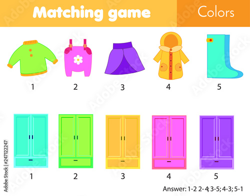 Matching children educational game. Match by color. Put clothes into wardrobe. Learn colors for kids and toddlers