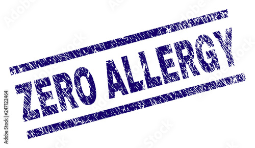 ZERO ALLERGY seal print with distress style. Blue vector rubber print of ZERO ALLERGY title with dirty texture. Text title is placed between parallel lines.