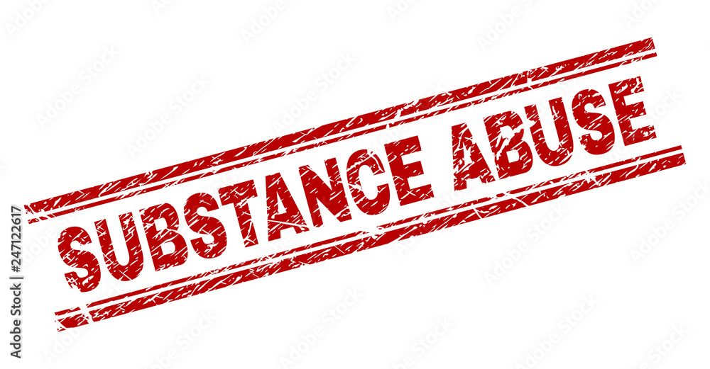 SUBSTANCE ABUSE seal print with grunge style. Red vector rubber print of SUBSTANCE ABUSE text with dust texture. Text title is placed between double parallel lines.