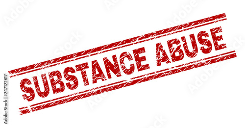 SUBSTANCE ABUSE seal print with grunge style. Red vector rubber print of SUBSTANCE ABUSE text with dust texture. Text title is placed between double parallel lines.