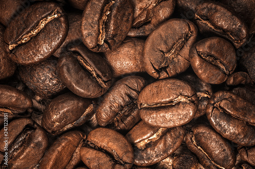 Background, texture roasted coffee bean close-up