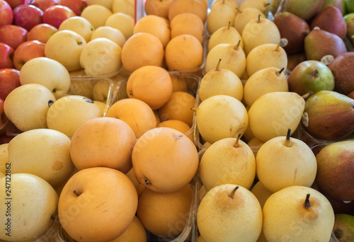 Organic chinese or japanese pears for sale at farmers local market