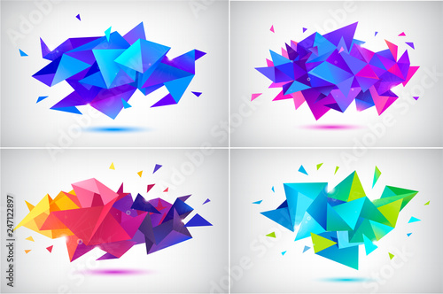 Vector set of abstract facet 3d shapes, geometric banners. Low poly triangle posters, modern concept background