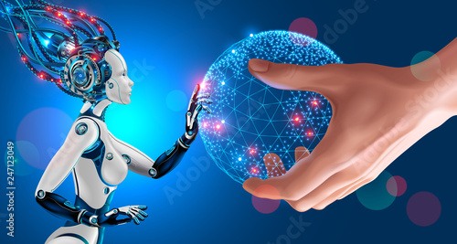 Artificial Intelligence takes control of the infrastructure of entire planet. Man stretches the globe in the palm of his hand to a humanoid robot with cybernetic AI brain connected to supercomputer.