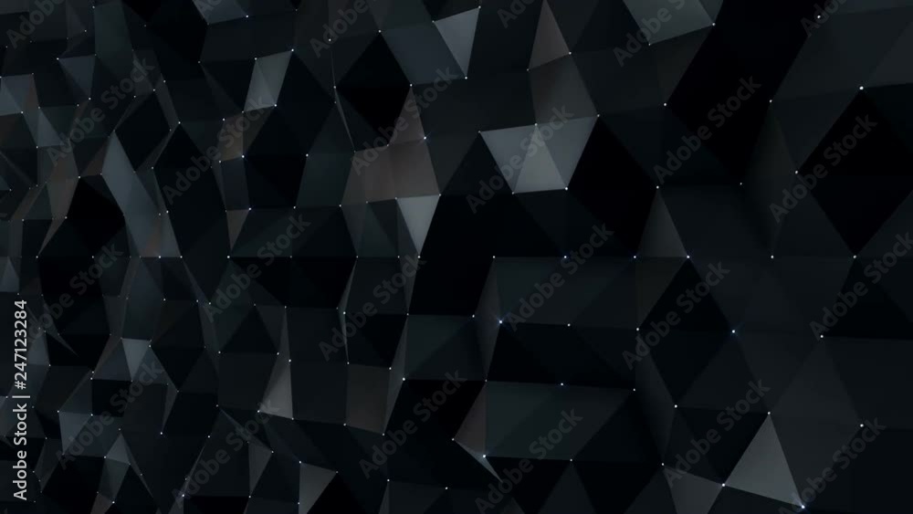 Abstract background with animation moving of dark triangles with glowing dots on their corner as vertex. Technologic backdrop with plastic surface with neon particles. Animation of seamless loop. Abstract background with animation moving of dark triangles with glowing dots on their corner as vertex. Technologic backdrop with plastic surface with neon particles. Animation of seamless loop.