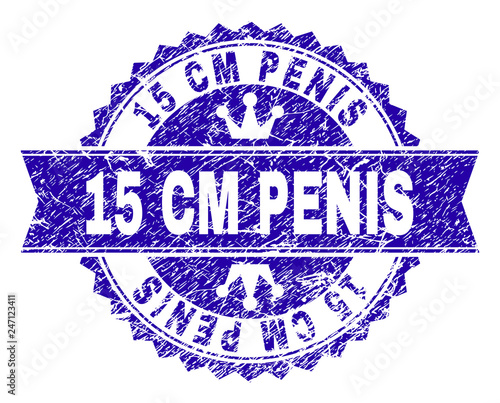 15 CM PENIS rosette seal watermark with grunge texture. Designed with round rosette, ribbon and small crowns. Blue vector rubber print of 15 CM PENIS label with grunge texture.