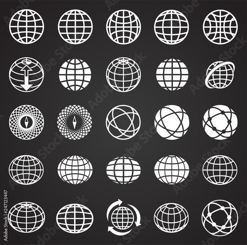 Globe icon set on black background for graphic and web design, Modern simple vector sign. Internet concept. Trendy symbol for website design web button or mobile app