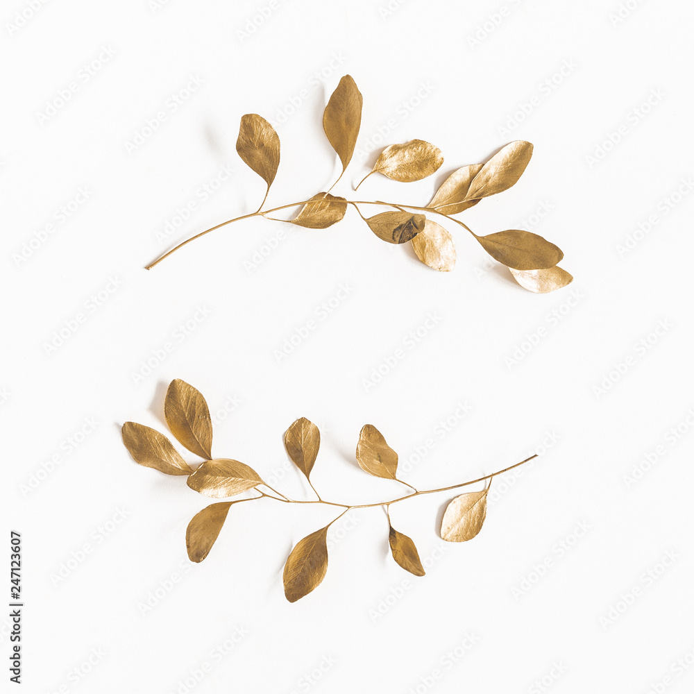 Eucalyptus leaves on white background. Wreath made of golden eucalyptus branches. Flat lay, top view, copy space, square - obrazy, fototapety, plakaty 