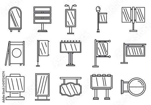 Outdoor advertising building icons set. Outline set of outdoor advertising building vector icons for web design isolated on white background