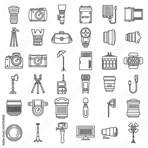 Photo equipment icons set. Outline set of photo equipment vector icons for web design isolated on white background