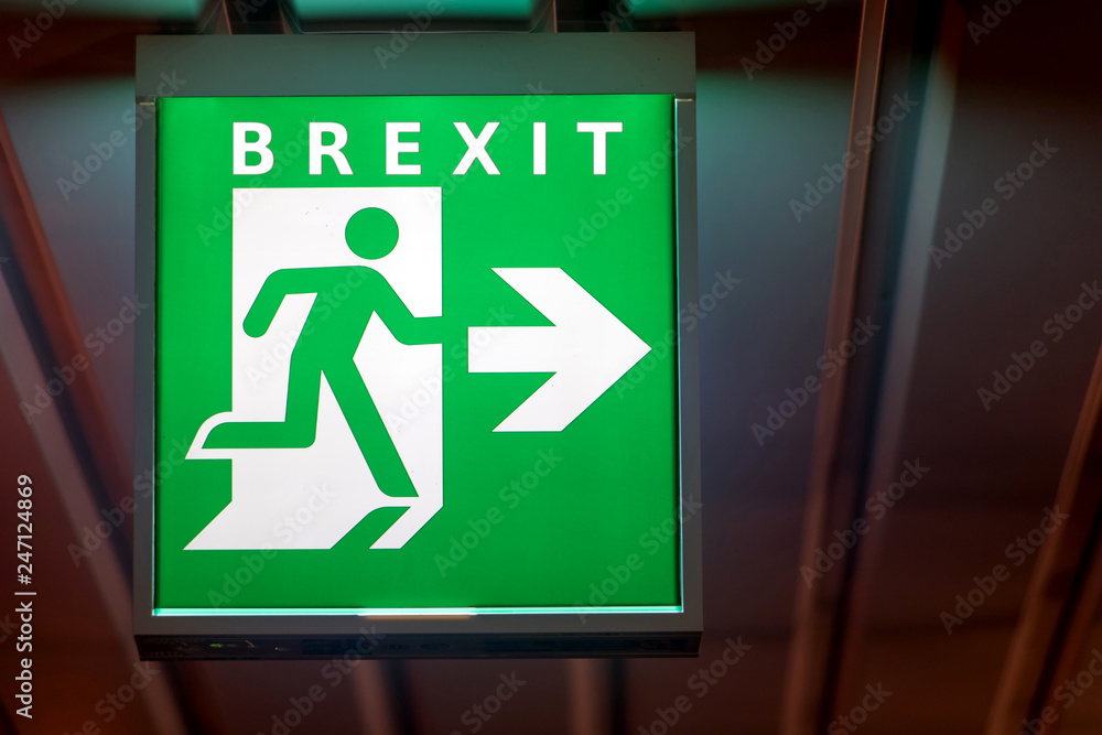 The emergency exit sign shows the direction of escape in case leave European Union. The board indicate way for Brexit. The emergency exit sign shows the direction of escape in case leave European Union. The board indicate way for Brexit.