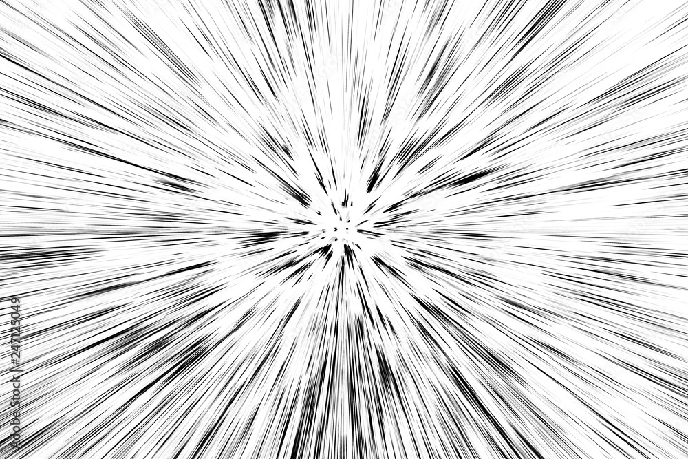 Obraz premium Bokeh black lines on white background, abstraction, abstract speed light motion blur texture, star particle or space traveling, black and white extrusion effect