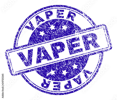 VAPER stamp seal imprint with distress texture. Designed with rounded rectangles and circles. Blue vector rubber print of VAPER label with scratched texture.