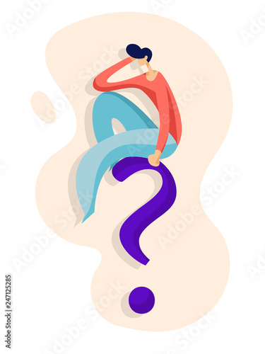 Young man sits on a question mark and pondering problem. Vector illustration in flat style