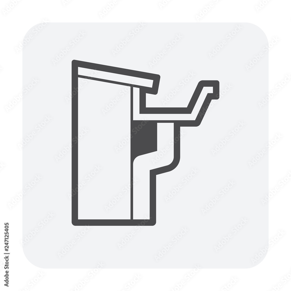 Fascia style gutter vector icon. Also call rain gutter or eavestrough. Include roof, downpipe or downspout and pipeline for water discharge and drainage system to protect building from rainwater fall. Fascia style gutter vector icon. Also call rain gutter or eavestrough. Include roof, downpipe or downspout and pipeline for water discharge and drainage system to protect building from rainwater fall.