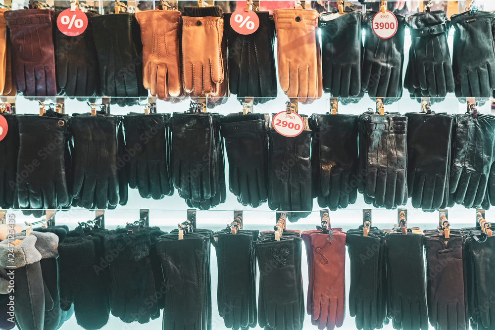 stall with fashionable leather woman gloves in boutique b stall with fashionable leather woman gloves in boutique b