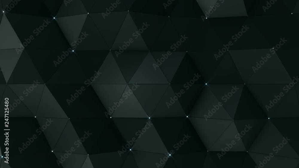 Abstract background with animation moving of dark triangles with glowing dots on their corner as vertex. Technologic backdrop with plastic surface with neon particles. Animation of seamless loop. Abstract background with animation moving of dark triangles with glowing dots on their corner as vertex. Technologic backdrop with plastic surface with neon particles. Animation of seamless loop.