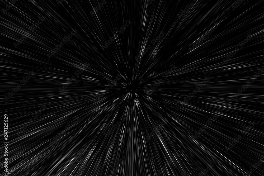 Obraz premium Bokeh white lines on black background, abstraction, abstract speed light motion blur texture, star particle or space traveling, black and white extrusion effect