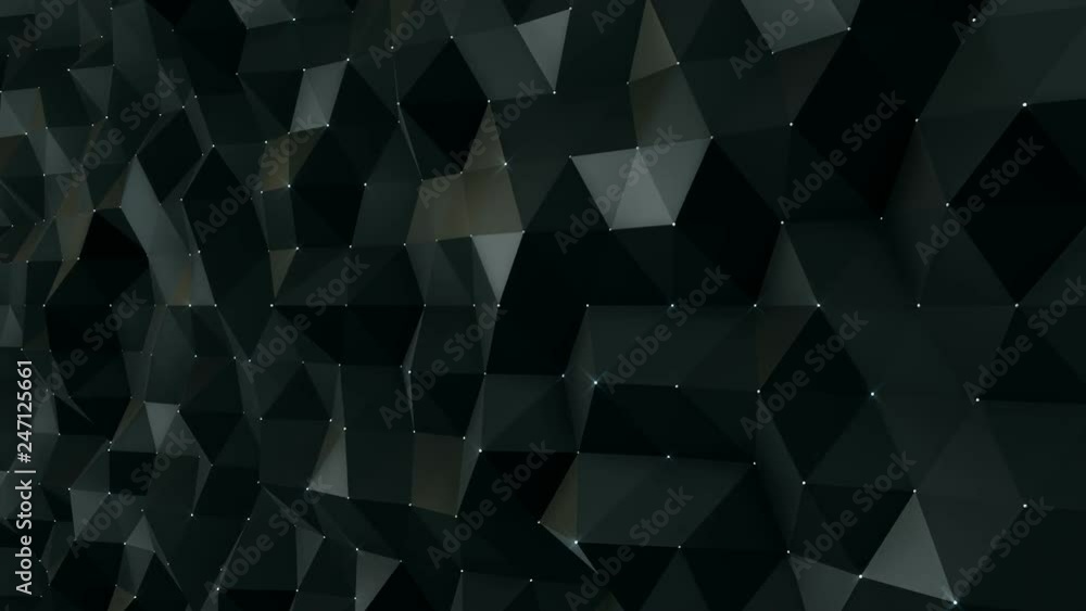 Abstract background with animation moving of dark triangles with glowing dots on their corner as vertex. Technologic backdrop with plastic surface with neon particles. Animation of seamless loop.
