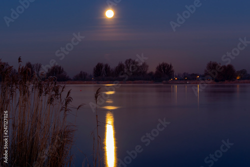 The super Moon is during the cold dawn reflected in the water of the Zoetermeerse plas in Zoetermeer, Netherlands photo