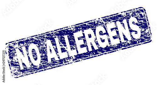 NO ALLERGENS stamp seal print with distress style. Seal shape is a rounded rectangle with frame. Blue vector rubber print of NO ALLERGENS tag with unclean style.