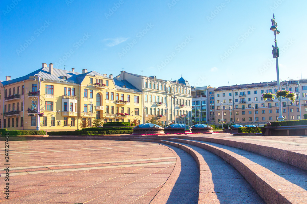 Minsk, Belarus cityscape on sunny day. Architecture exterior houses in Minsk.