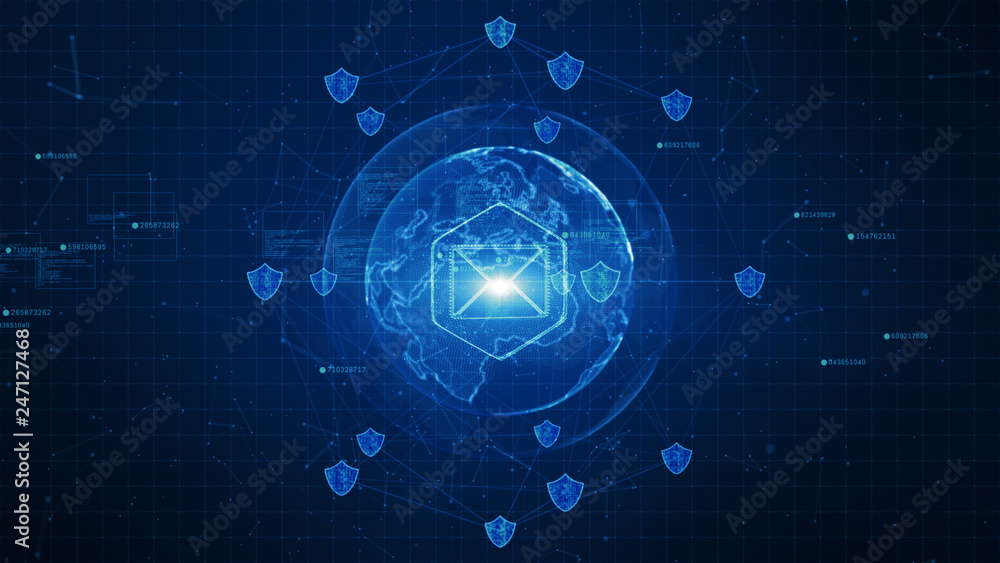 Shield and email icon on secure global network , Cyber security concept. Earth element furnished by Nasa Shield and email icon on secure global network , Cyber security concept. Earth element furnished by Nasa