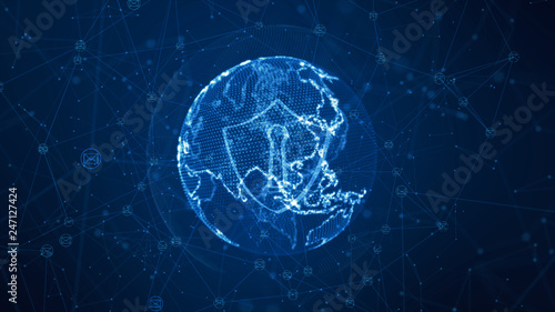 Shield and email icon on secure global network   Cyber security concept. Earth element furnished by Nasa