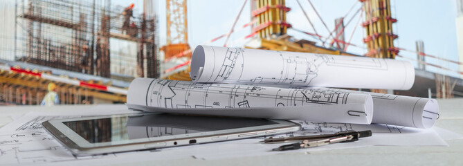 architect design working drawing sketch plans blueprints and making architectural construction model in architect studio long banner