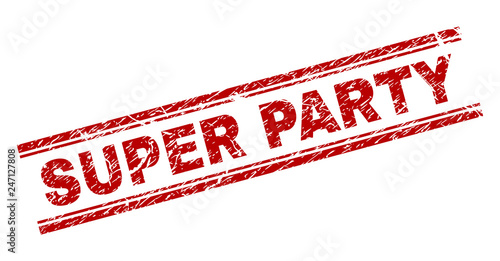 SUPER PARTY seal watermark with corroded texture. Red vector rubber print of SUPER PARTY text with unclean texture. Text caption is placed between double parallel lines.