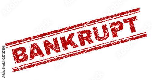 BANKRUPT seal stamp with distress texture. Red vector rubber print of BANKRUPT label with unclean texture. Text label is placed between double parallel lines.