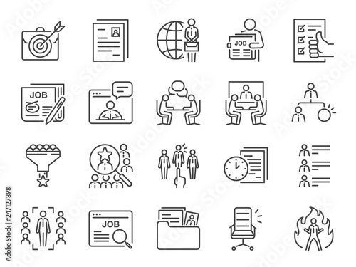 Jobs line icon set. Included icons as career, seeking job, employment, recruit, recruitment and more.