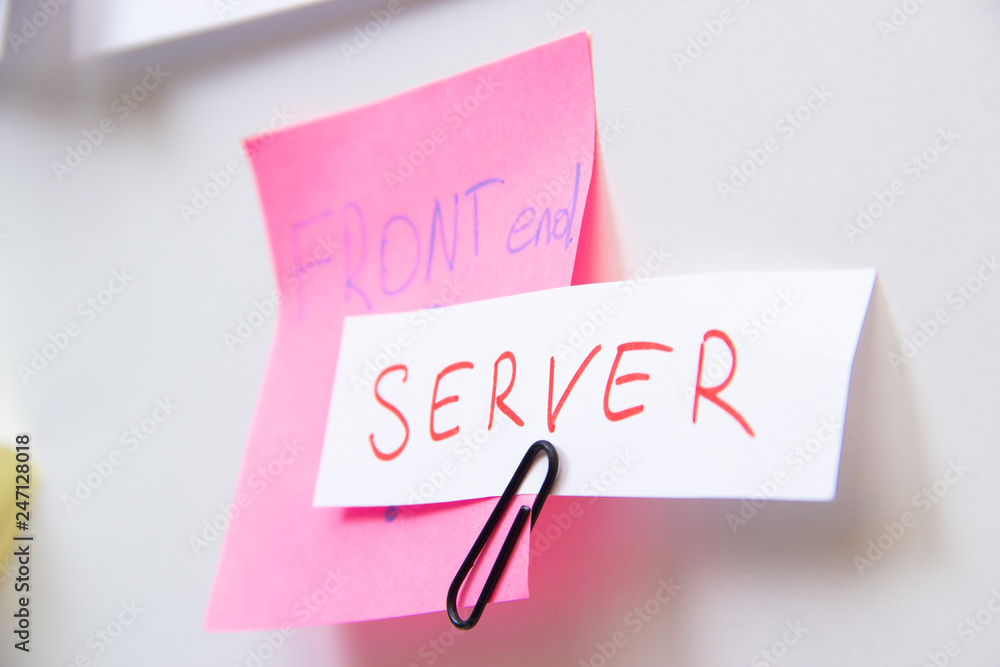 Words Frontend and Server on notes wall. App ui ux design. Words Frontend and Server on notes wall. App ui ux design.