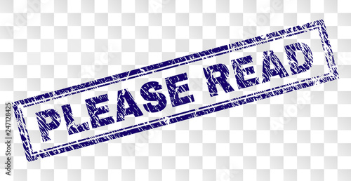 PLEASE READ stamp seal print with rubber print style and double framed rectangle shape. Stamp is placed on a transparent background. Blue vector rubber print of PLEASE READ tag with scratched texture.
