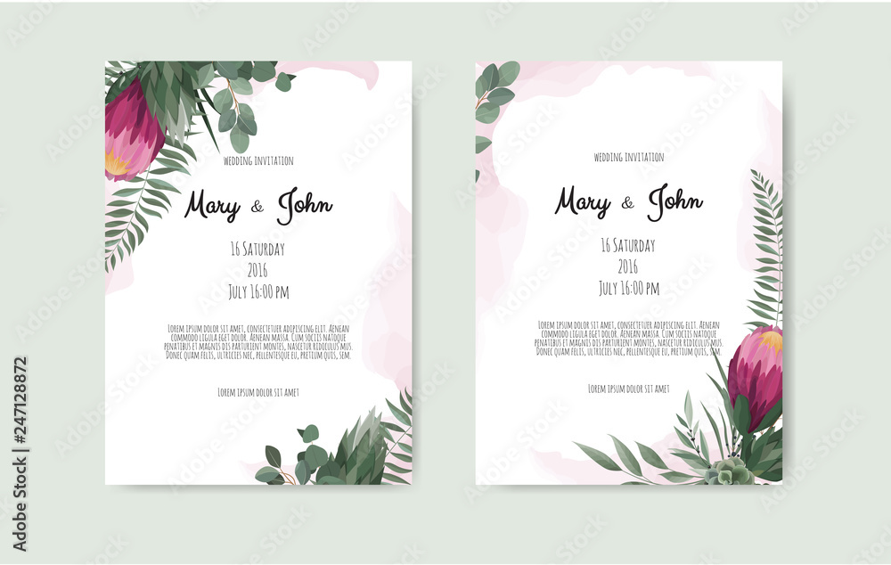 Vector floral botanical card design with leaves with geometrical frame. Protea Flower bouquet. Vector floral botanical card design with leaves with geometrical frame. Protea Flower bouquet.