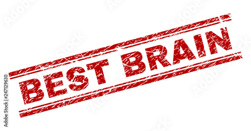 BEST BRAIN seal print with corroded effect. Red vector rubber print of BEST BRAIN text with unclean texture. Text tag is placed between double parallel lines.