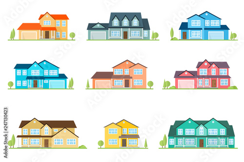 Flat icon suburban american house. For web design and application interface, also useful for infographics. Family house icon isolated on white background. Home facade with color roof