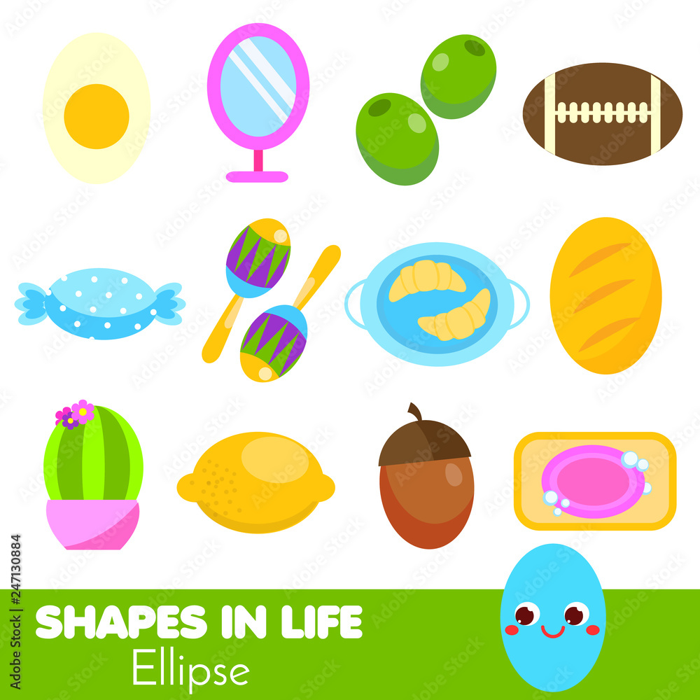Shapes in life. Ellipse. Learning cards for kids. Educational infographic for children and toddlers. Study geometric shapes