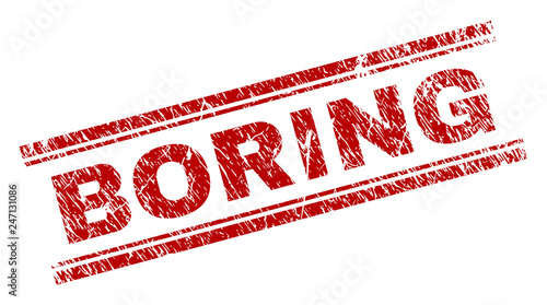 BORING seal print with distress texture. Red vector rubber print of BORING tag with unclean texture. Text tag is placed between double parallel lines.